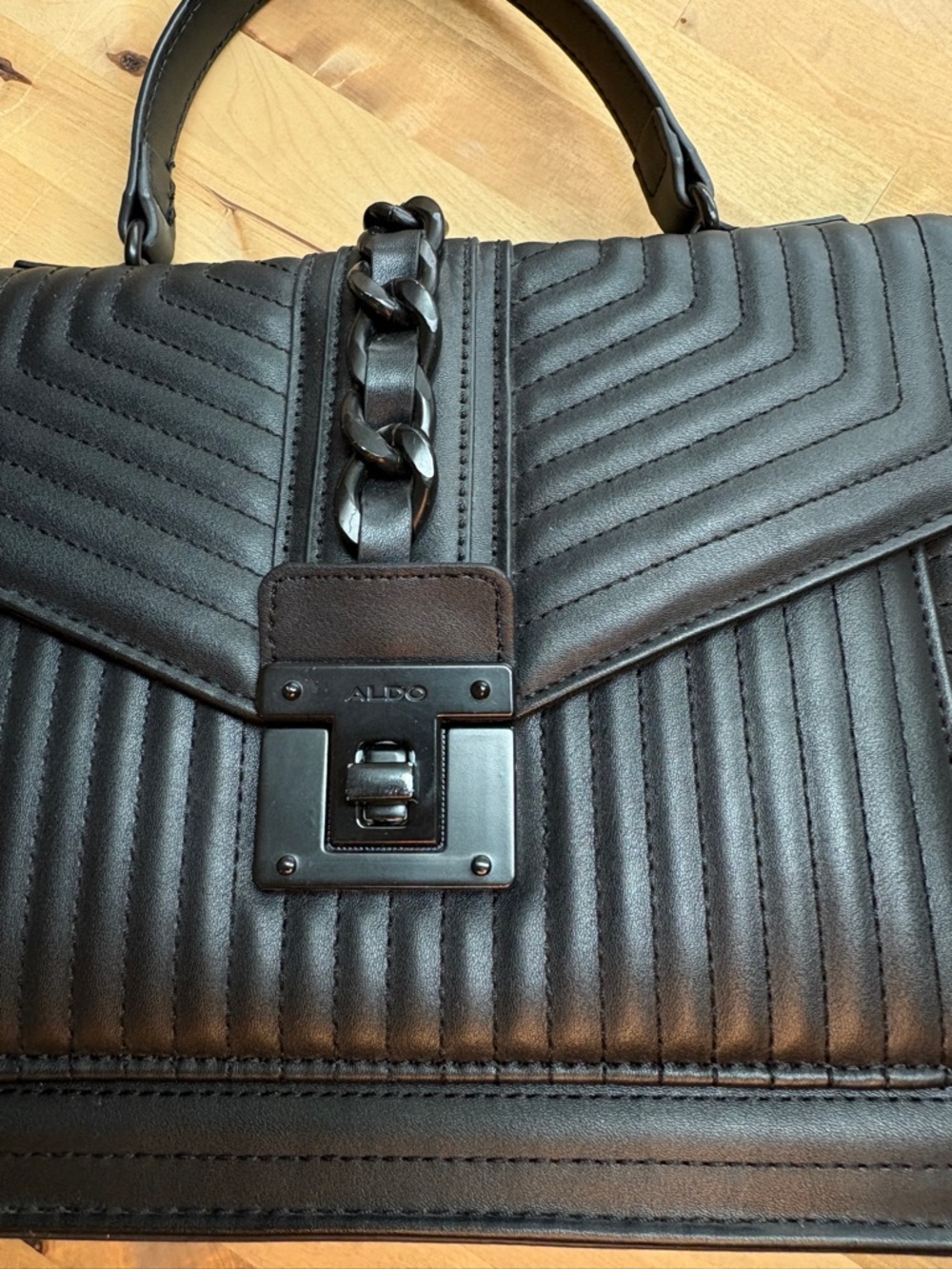 Aldo Black Quilted Chain-Accent Top Handle Satchel - Picture 7 of 14